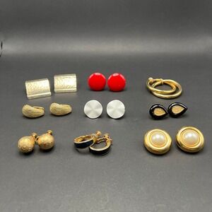 Vintage Clip On Earrings Lot of 9 Gold Tone Enamel Napier Crown Trifari & Others